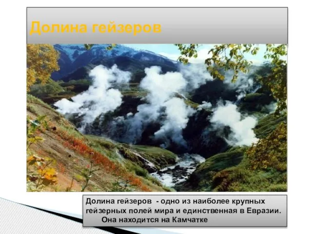 Долина гейзеров Долина гейзеров - одно из наиболее крупных гейзерных полей