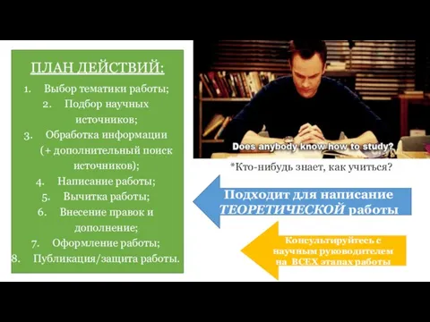 ПЛАН ДЕЙСТВИЙ: Выбор тематики работы; Подбор научных источников; Обработка информации (+