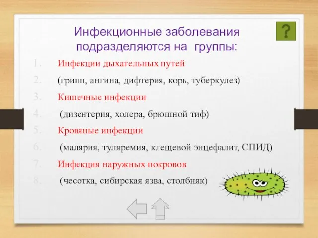 Инфекционные заболевания подразделяются на группы: Инфекции дыхательных путей (грипп, ангина, дифтерия,