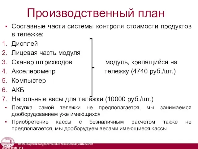 Производственный план Составные части системы контроля стоимости продуктов в тележке: Дисплей