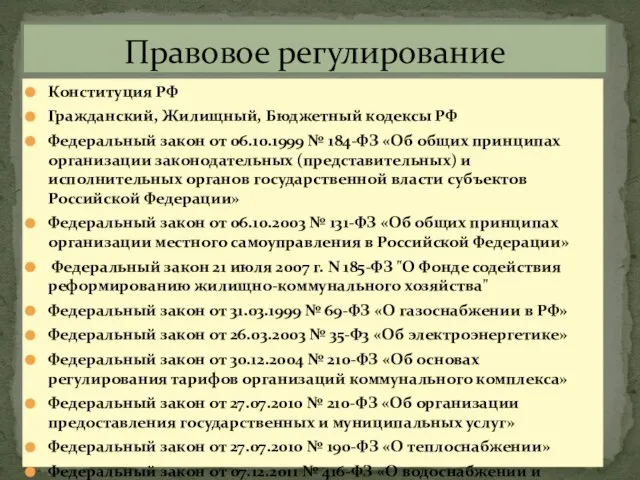 Конституция РФ Гражданский, Жилищный, Бюджетный кодексы РФ Федеральный закон от 06.10.1999