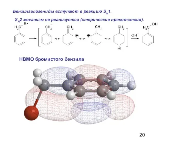 Бензилгалогениды вступают в реакцию SN1. SN2 механизм не реализуется (стерические препятствия). НВМО бромистого бензила