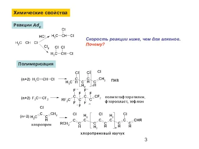 Химические свойства Реакции AdE Скорость реакции ниже, чем для алкенов. Почему? Полимеризация
