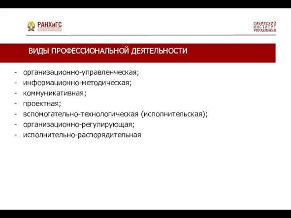 организационно-управленческая; информационно-методическая; коммуникативная; проектная; вспомогательно-технологическая (исполнительская); организационно-регулирующая; исполнительно-распорядительная ВИДЫ ПРОФЕССИОНАЛЬНОЙ ДЕЯТЕЛЬНОСТИ