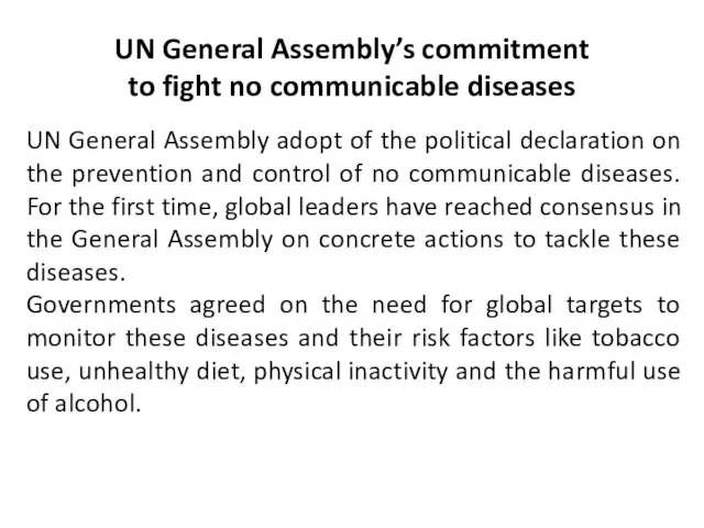 UN General Assembly’s commitment to fight no communicable diseases UN General