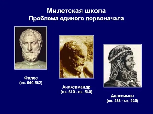 Милетская школа Проблема единого первоначала Фалес (ок. 640-562) Анаксимандр (ок. 610