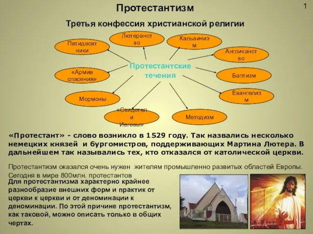 1 Протестантизм Третья конфессия христианской религии Протестантские течения Пятидесятники «Армия спасения»