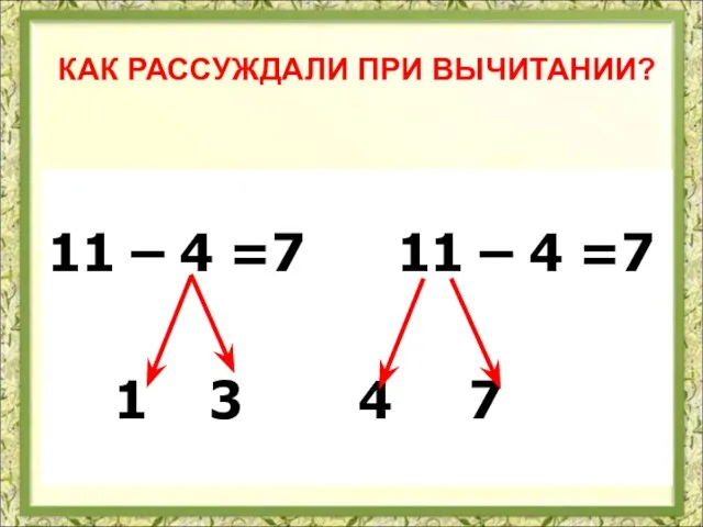 КАК РАССУЖДАЛИ ПРИ ВЫЧИТАНИИ? 11 – 4 =7 11 – 4 =7 1 3 4 7