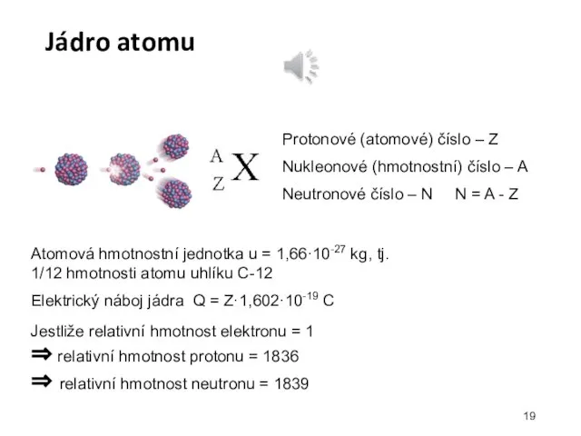 Jádro atomu Protonové (atomové) číslo – Z Nukleonové (hmotnostní) číslo –