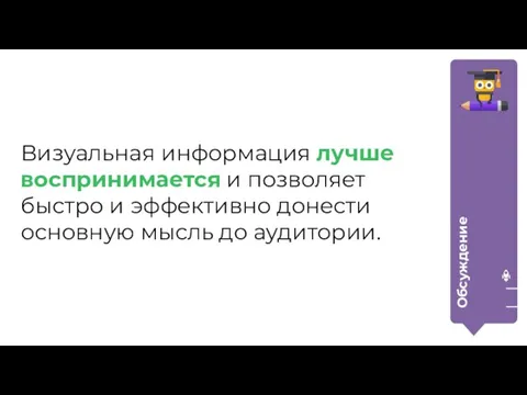 Визуальная информация лучше воспринимается и позволяет быстро и эффективно донести основную мысль до аудитории. Обсуждение