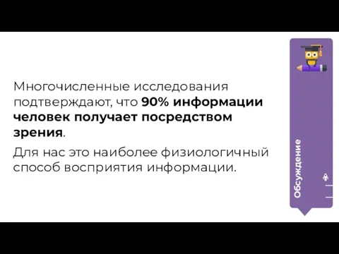 Обсуждение Многочисленные исследования подтверждают, что 90% информации человек получает посредством зрения.