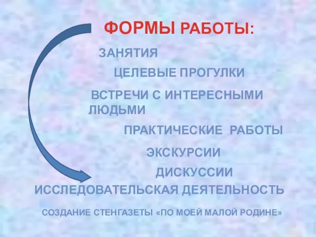 ФОРМЫ РАБОТЫ: ЗАНЯТИЯ ЦЕЛЕВЫЕ ПРОГУЛКИ ЭКСКУРСИИ ДИСКУССИИ ПРАКТИЧЕСКИЕ РАБОТЫ ВСТРЕЧИ С