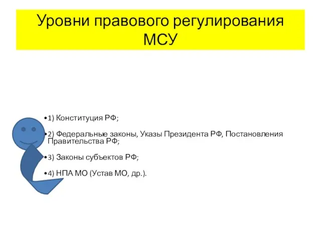 Уровни правового регулирования МСУ 1) Конституция РФ; 2) Федеральные законы, Указы