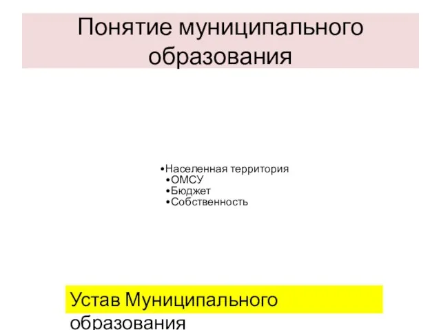 Понятие муниципального образования Населенная территория ОМСУ Бюджет Собственность Устав Муниципального образования