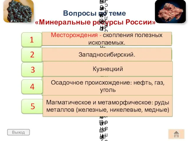 Выход Вопросы по теме «Минеральные ресурсы России» Месторождения - скопления полезных