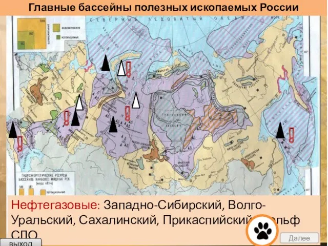 Главные бассейны полезных ископаемых России Нефтегазовые: Западно-Сибирский, Волго-Уральский, Сахалинский, Прикаспийский, шельф СЛО. выход Далее