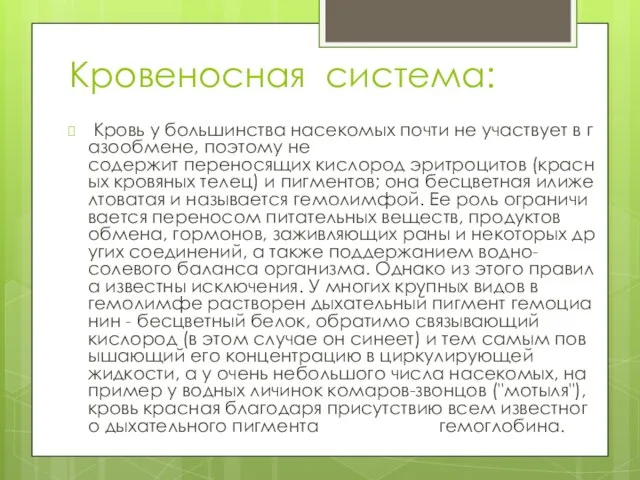 Кровеносная система: Кровь у большинства насекомых почти не участвует в газообмене,