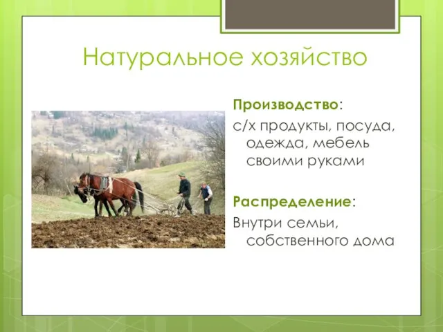 Натуральное хозяйство Производство: с/х продукты, посуда, одежда, мебель своими руками Распределение: Внутри семьи, собственного дома