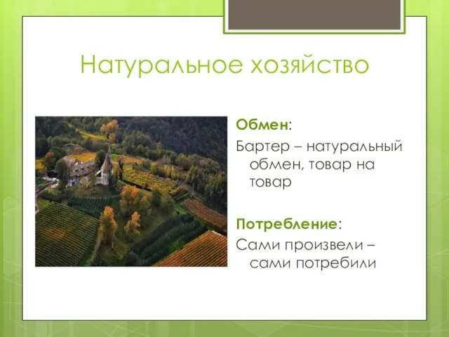 Натуральное хозяйство Обмен: Бартер – натуральный обмен, товар на товар Потребление: Сами произвели – сами потребили