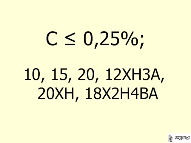 С ≤ 0,25%; 10, 15, 20, 12ХН3А, 20ХН, 18Х2Н4ВА