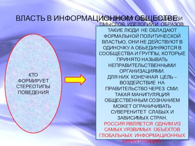 ВЛАСТЬ В ИНФОРМАЦИОННОМ ОБЩЕСТВЕ. КТО ФОРМИРУЕТ СТЕРЕОТИПЫ ПОВЕДЕНИЯ ЭТО ДЕЛАЮТ ЛЮДИ-