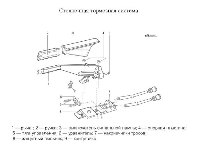 Стояночная тормозная система 1 — рычаг; 2 — ручка; 3 —