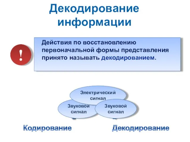 Действия по восстановлению первоначальной формы представления принято называть декодированием. Декодирование информации