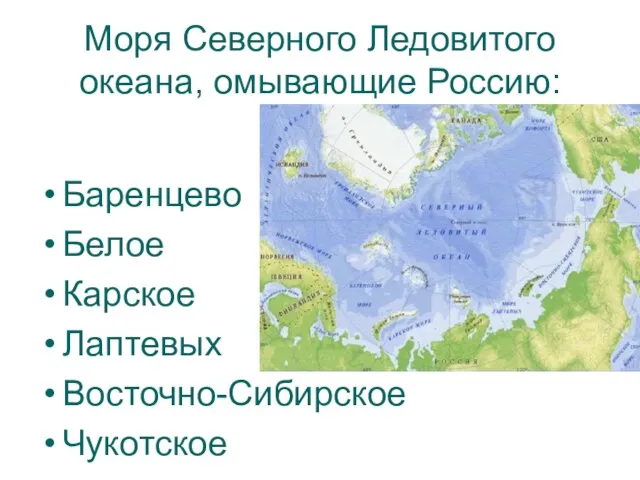 Моря Северного Ледовитого океана, омывающие Россию: Баренцево Белое Карское Лаптевых Восточно-Сибирское Чукотское