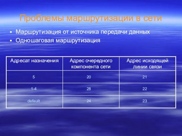 Проблемы маршрутизации в сети Маршрутизация от источника передачи данных Одношаговая маршрутизация