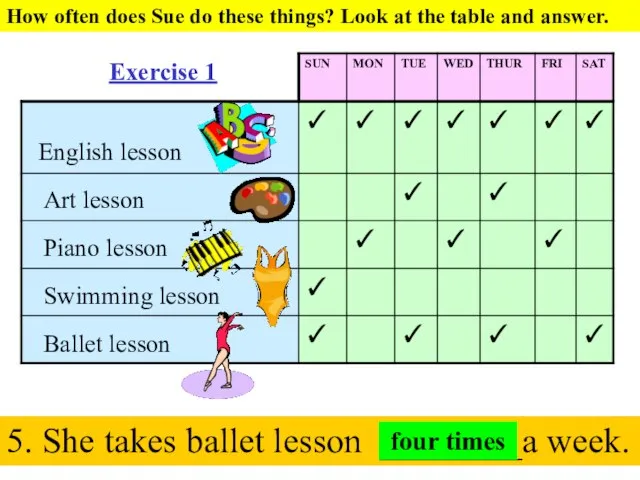 English lesson Art lesson Piano lesson Swimming lesson Ballet lesson How