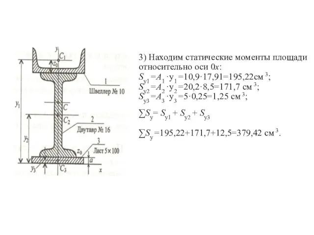 3) Находим статические моменты площади относительно оси 0х: Sу1 =A1 ·y1