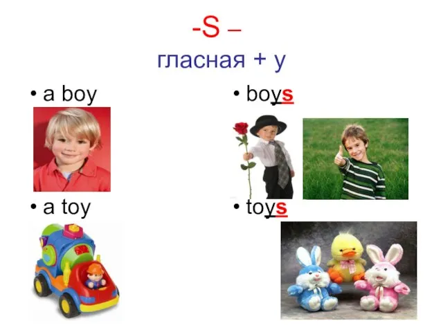 S – гласная + y a boy boys a toy toys