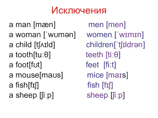 Исключения a man [mæn] men [men] a woman [ˈwʊmən] women [ˈwɪmɪn]