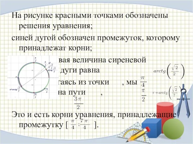 На рисунке красными точками обозначены решения уравнения; синей дугой обозначен промежуток,