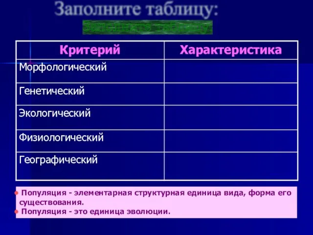 Заполните таблицу: Популяция - элементарная структурная единица вида, форма его существования. Популяция - это единица эволюции.