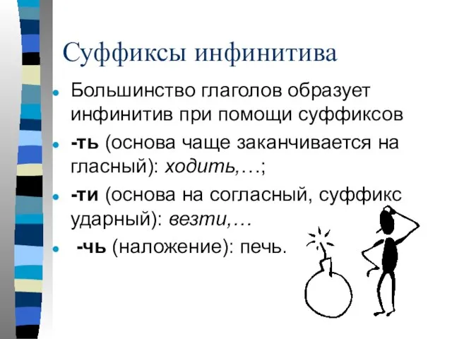 Суффиксы инфинитива Большинство глаголов образует инфинитив при помощи суффиксов -ть (основа