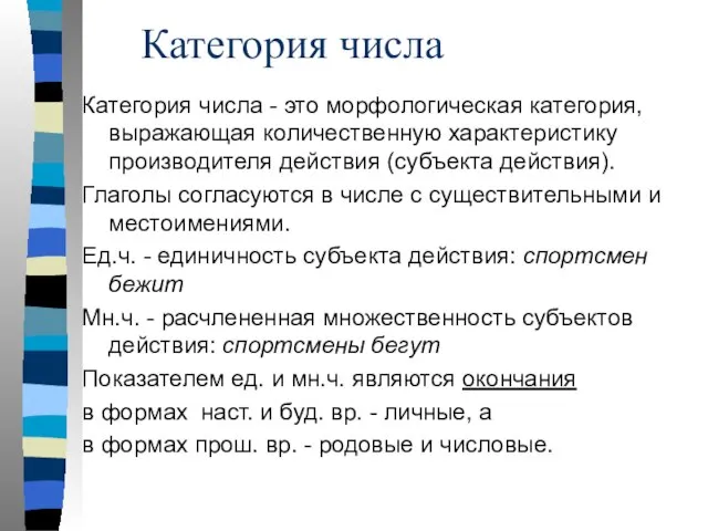 Категория числа Категория числа - это морфологическая категория, выражающая количественную характеристику