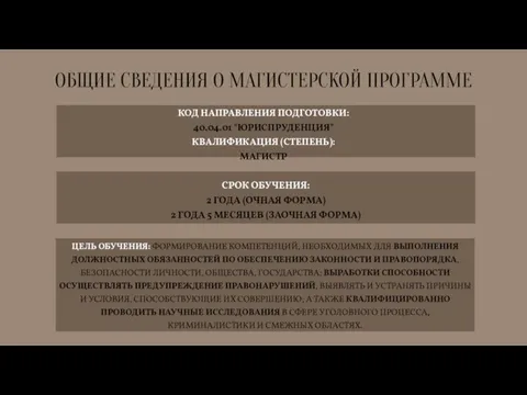 ОБЩИЕ СВЕДЕНИЯ О МАГИСТЕРСКОЙ ПРОГРАММЕ КОД НАПРАВЛЕНИЯ ПОДГОТОВКИ: 40.04.01 "ЮРИСПРУДЕНЦИЯ" КВАЛИФИКАЦИЯ