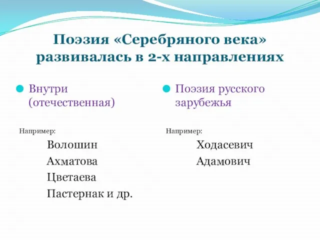 Поэзия «Серебряного века» развивалась в 2-х направлениях Внутри (отечественная) Например: Волошин