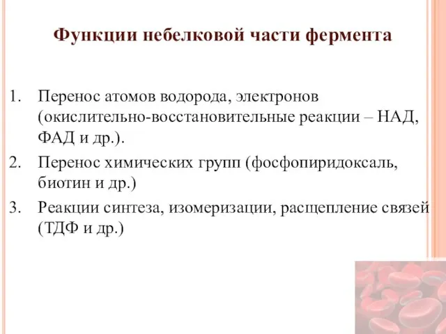 Функции небелковой части фермента Перенос атомов водорода, электронов (окислительно-восстановительные реакции –