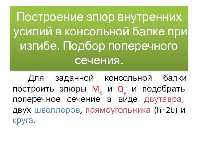 Построение эпюр внутренних усилий в консольной балке при изгибе. Подбор поперечного