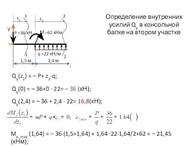 Определение внутренних усилий Qy в консольной балке на втором участке Mx,