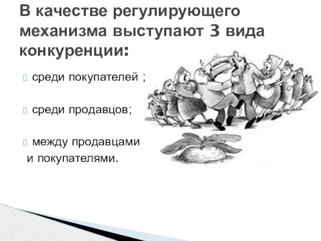 среди покупателей ; среди продавцов; между продавцами и покупателями. В качестве