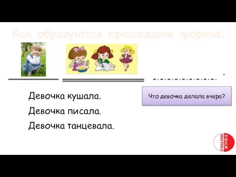 Что девочка делала вчера? Девочка кушала. Девочка писала. Девочка танцевала. .