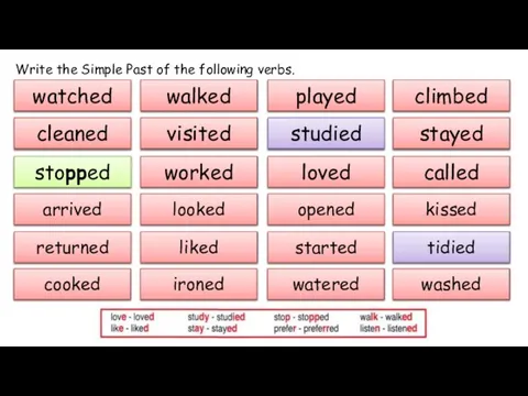 Write the Simple Past of the following verbs. watch walk play