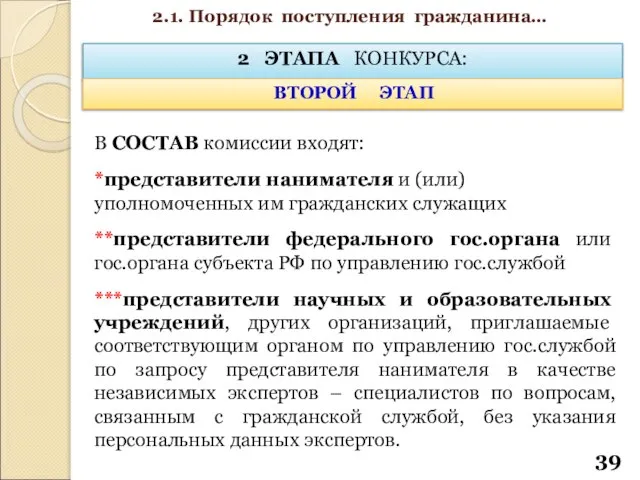 2 ЭТАПА КОНКУРСА: ВТОРОЙ ЭТАП В СОСТАВ комиссии входят: *представители нанимателя