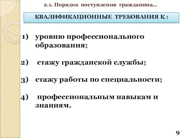 КВАЛИФИКАЦИОННЫЕ ТРЕБОВАНИЯ К : 2.1. Порядок поступления гражданина… уровню профессионального образования;