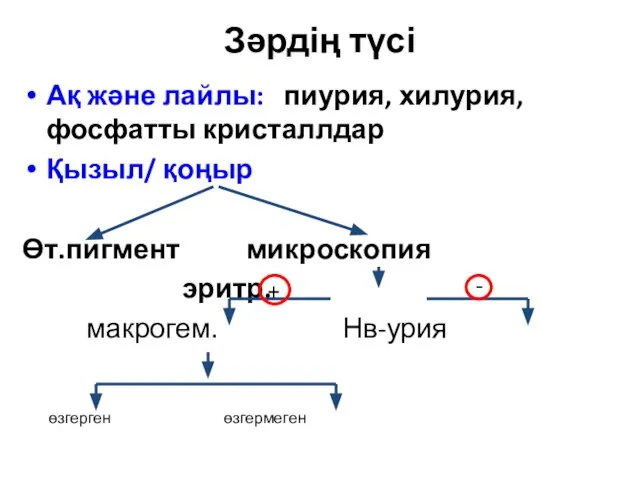 Зәрдің түсі Ақ және лайлы: пиурия, хилурия, фосфатты кристаллдар Қызыл/ қоңыр