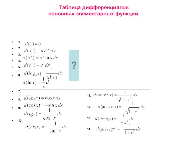 Таблица дифференциалов основных элементарных функций. 1. 2. 3. 4. 5. 6.