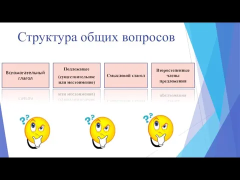 Структура общих вопросов Вспомогательный глагол Подлежащее (существительное или местоимение) Смысловой глагол Второстепенные члены предложения